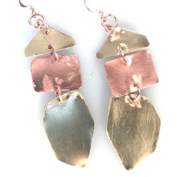 Brass Copper Long Brutalist Statement Earrings - Picture 3 of 13